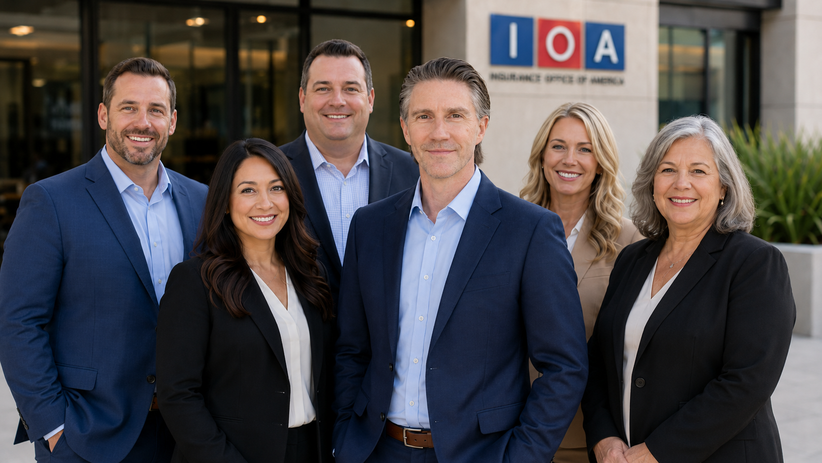 The commercial insurance team standing together outside the Insurance Office of America office entrance