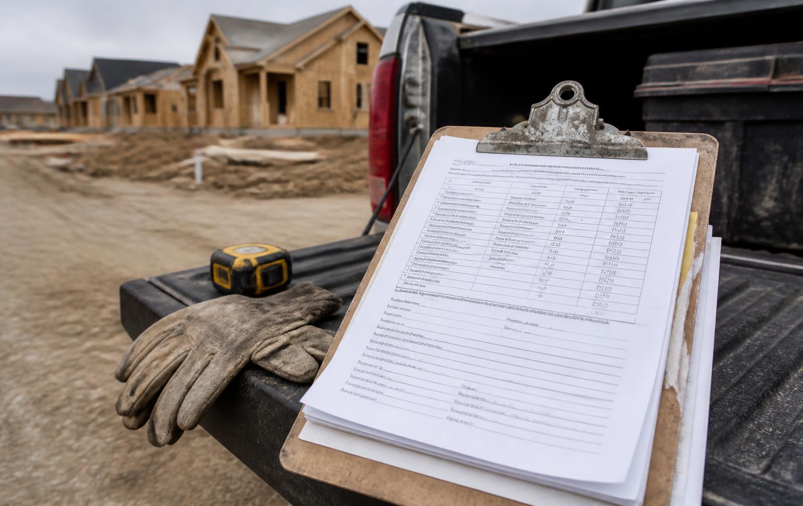 A clipboard holding a printed insurance requirement schedule and subcontract pages on the tailgate of a work truck, with framed tract homes behind it
