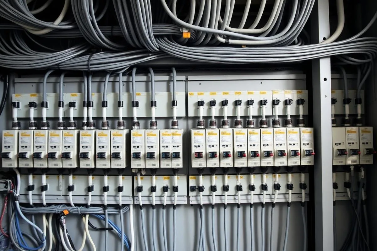 Rows of labeled breakers and organized conduit runs inside a commercial electrical panel