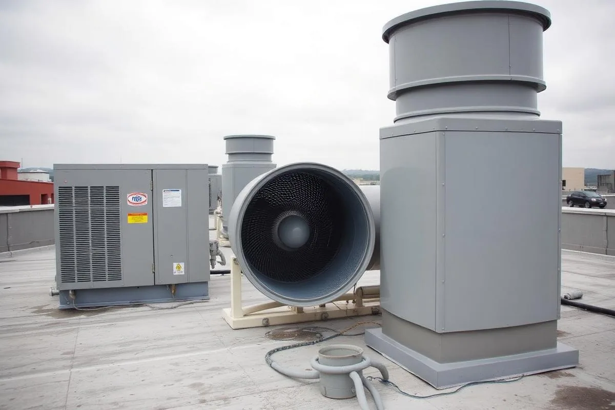 Packaged mechanical units and spiral duct set on a flat commercial roof