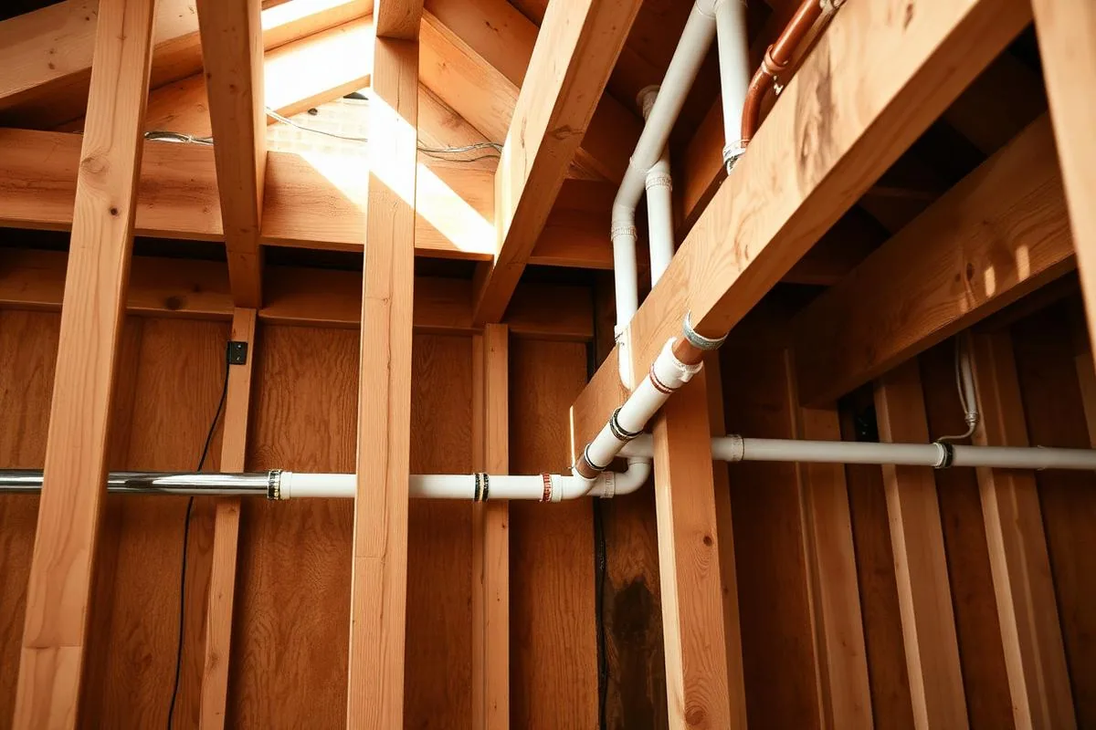 Copper and plastic supply and waste lines run through wood framing during plumbing rough-in