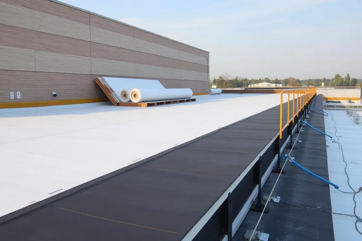 A low-slope commercial roof partway through membrane installation with guardrail along the open edge